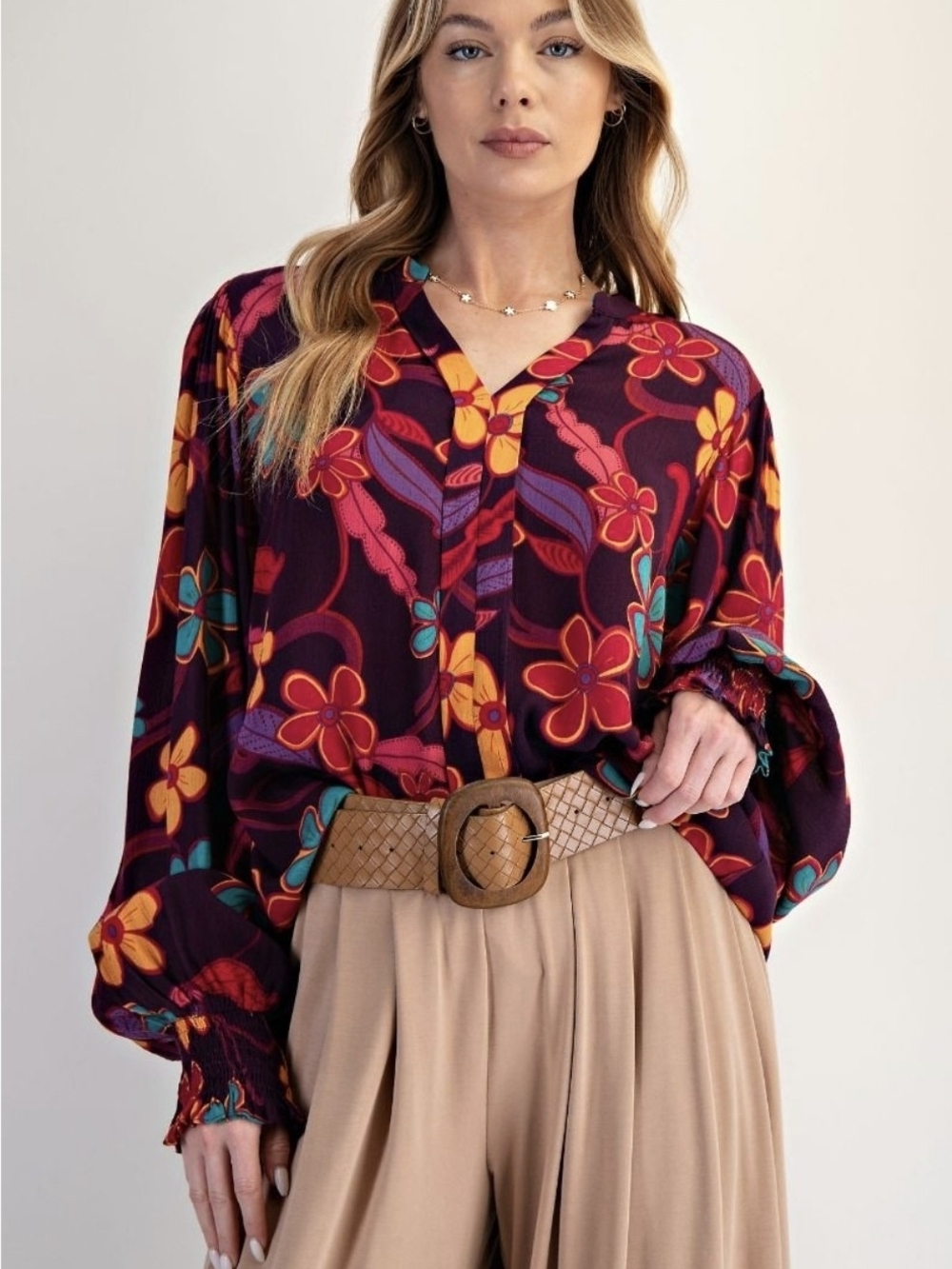 Easel Eggplant Floral Rayon Gauze Boho Top 1X NWT